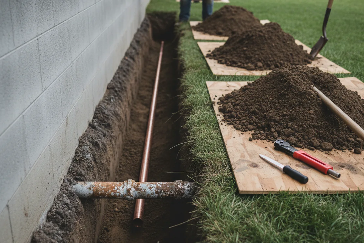 Excavated water line trench during Water Heater Repair in North Manchester